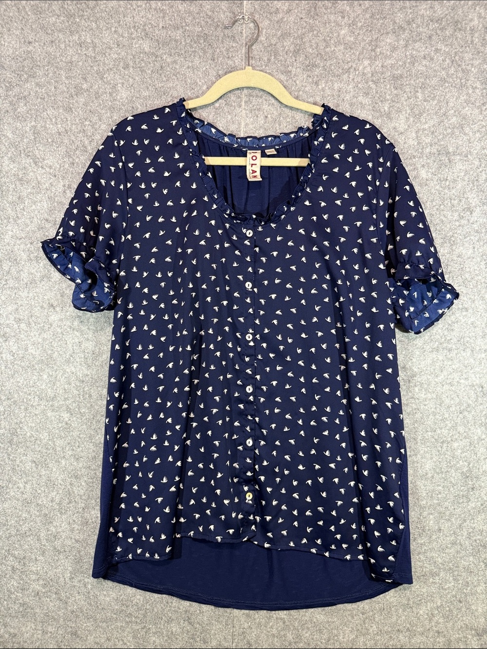 Dolan Blouse - Womens XL - Navy Blue Bird Print Button Front Ruffle Sleeve